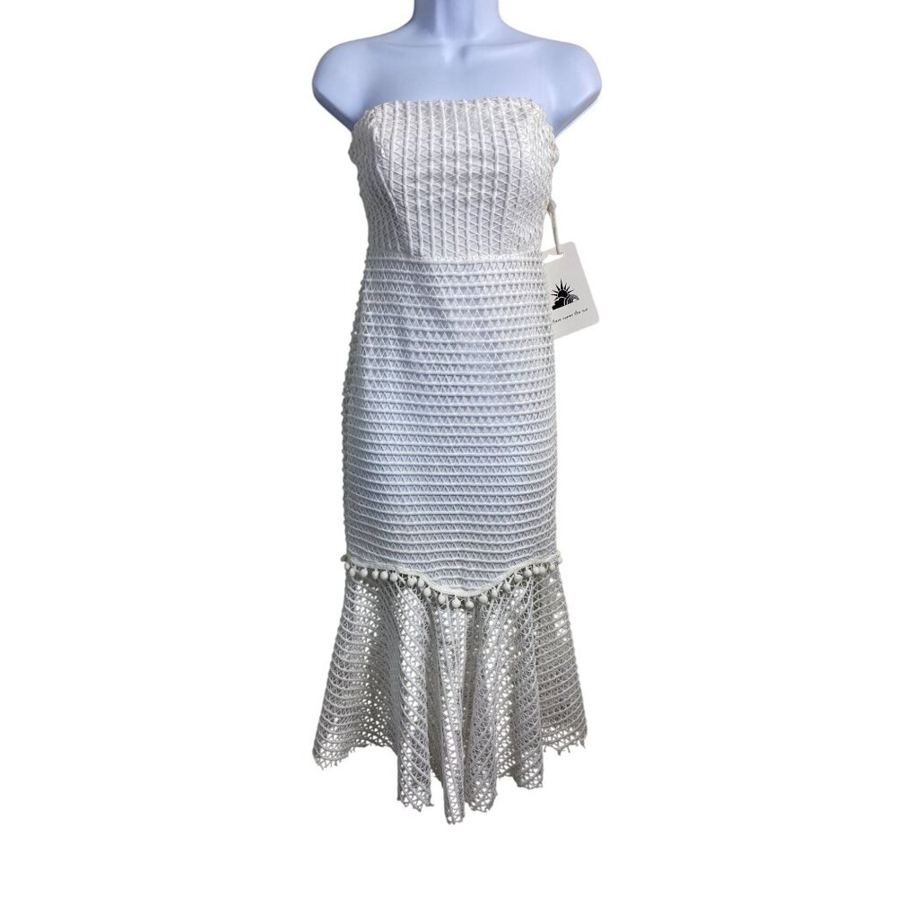 NEW Here Comes The Sun White Mesh Strapless Midi Dress Size Small Mermaid Coquet